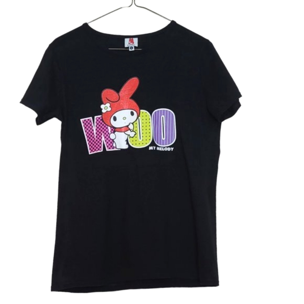 MY MELODY Woo Glitter Graphic Women's Black T-Shirt Sz Large Sanrio Hello Kitty